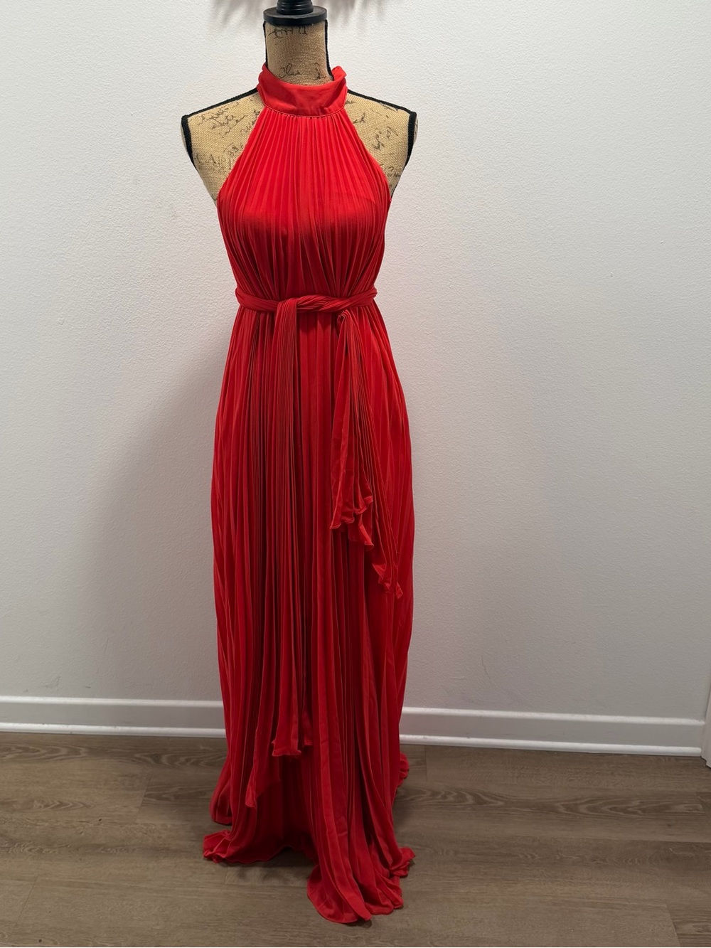 Anthropologie Elegant Red Halter Pleated Maxi Dress with Waist Tie